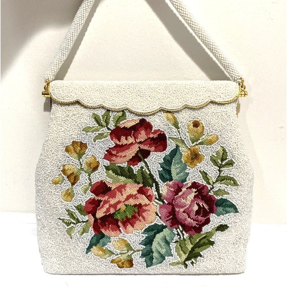 Vintage bead & needlepoint top handle bag dressy purse mid century Hong Kong
